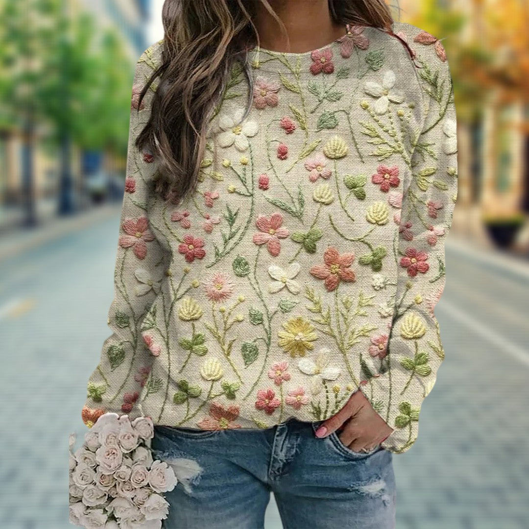 Beige women's loose fit autumn jumper. Comfortable long sleeve casual top for versatile everyday style.