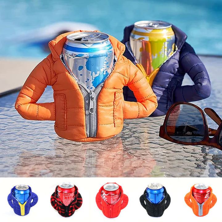 Beverage can insulator sleeve in blue, keeping a drink cold, portable thermal accessory