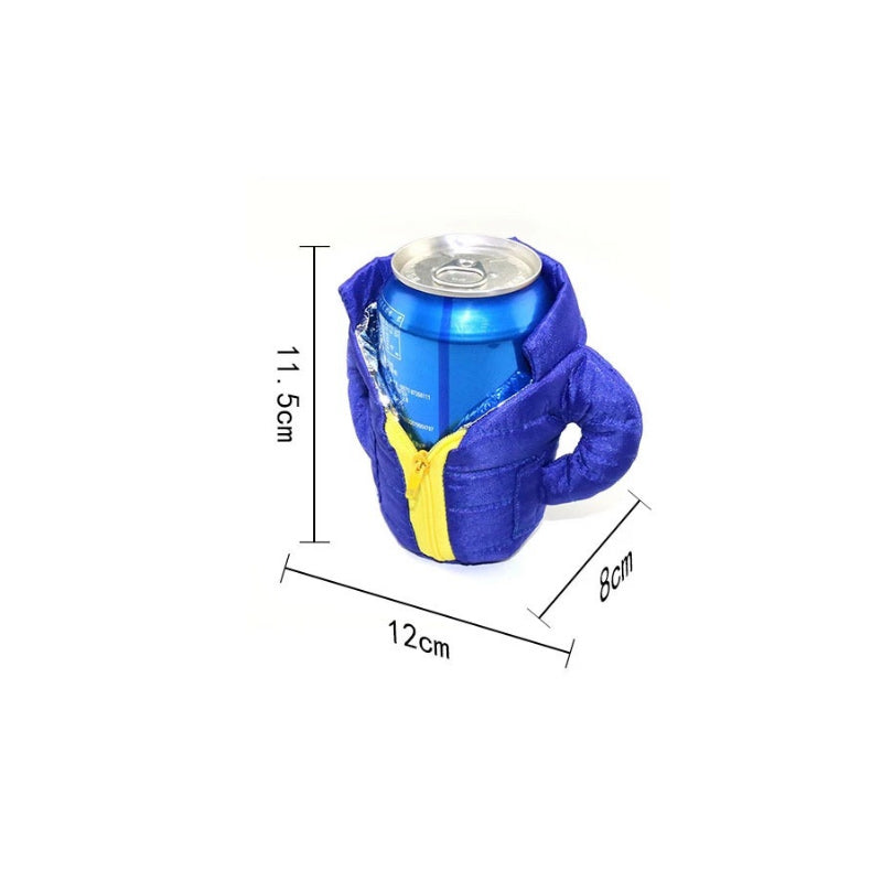 Beverage can sleeve keeping a sparkling water cold on a sunny day, outdoor drink accessory