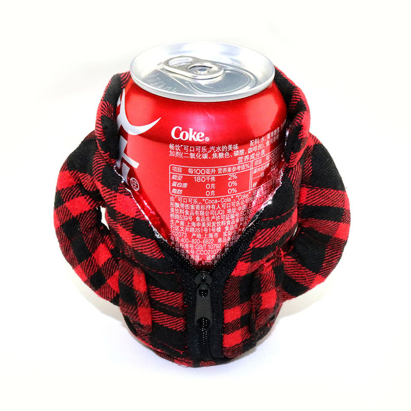 Group of friends using beverage can insulator sleeves at a BBQ, enjoying cold drinks