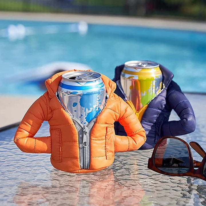 Beverage insulator sleeve on a picnic table, perfect for keeping drinks cold outdoors