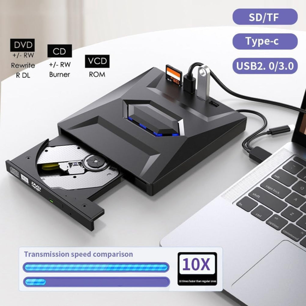 Black 7-in-1 external DVD player & CD/DVD RW writer for laptops with USB hub & SD card reader, plug & play.