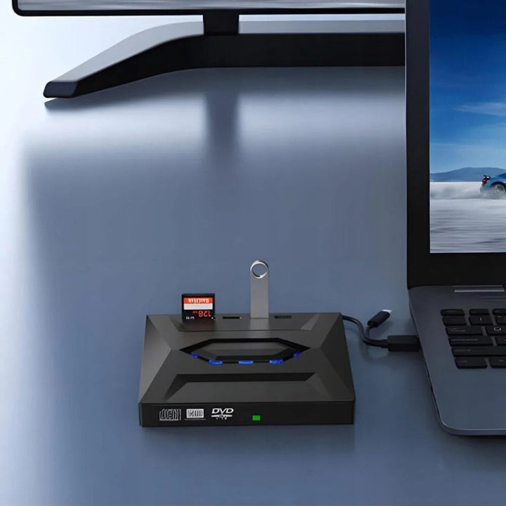 Laptop external DVD/CD RW writer, player & burner. Features a USB hub & SD card reader. A versatile computer peripheral.