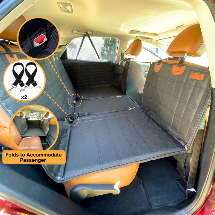 Waterproof black pet car seat extender & door protector. Creates a flat, safe surface for dog travel.
