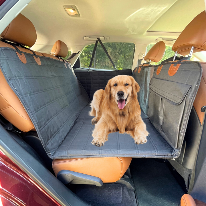 Easy-to-install black dog backseat extender. Waterproof car seat & door protection for happy pet trips.