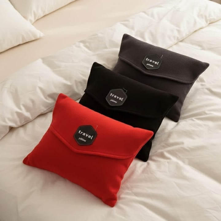 Close-up of a black ergonomic travel neck pillow, highlighting its soft fabric and supportive design.