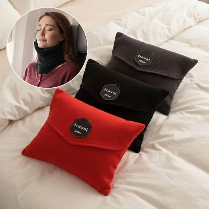 Black ergonomic travel neck pillow, showing its compact size for easy packing and portable neck support.