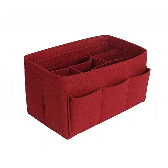 Travel-friendly felt handbag organizer insert with ample pockets for women's accessories.