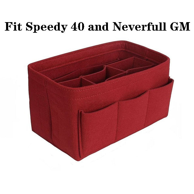 Wine felt makeup organizer insert, a multi-pocket solution for cosmetics and purse storage.