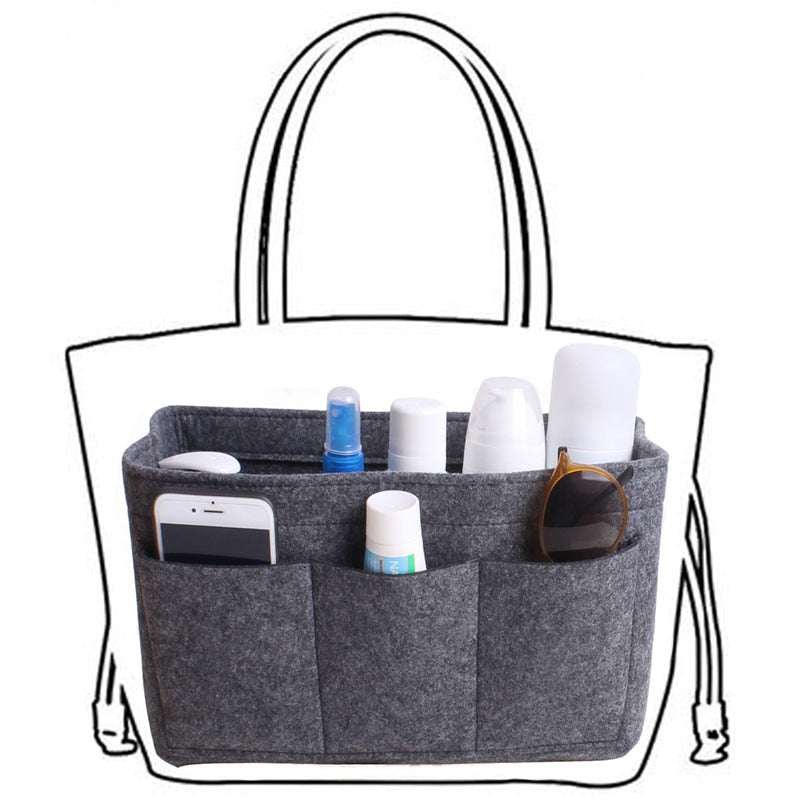 Durable felt handbag organizer insert, transforming messy purses into well-arranged spaces.