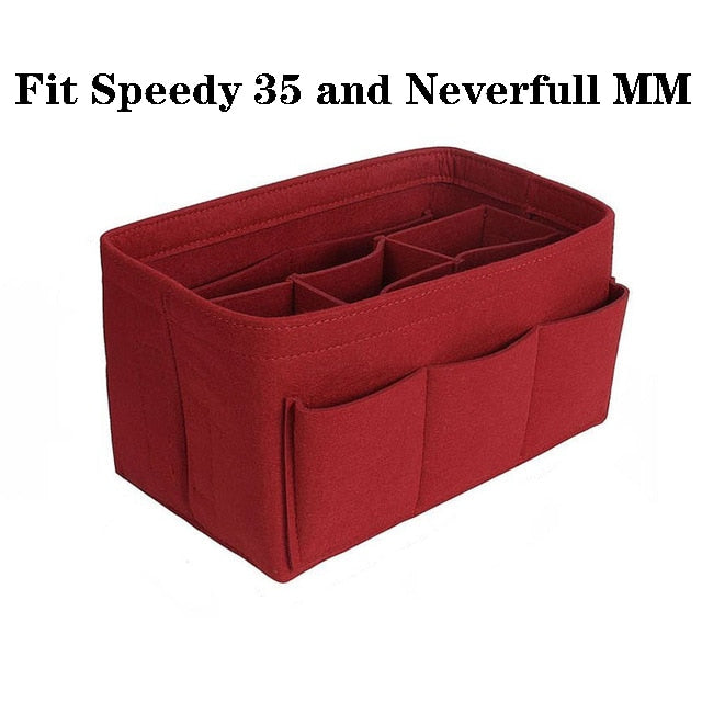 Versatile felt organizer insert for handbags & totes, ideal for makeup, travel, and daily organization.
