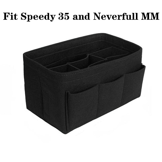 Women's black felt handbag insert with 13 compartments, streamlining your purse contents easily.