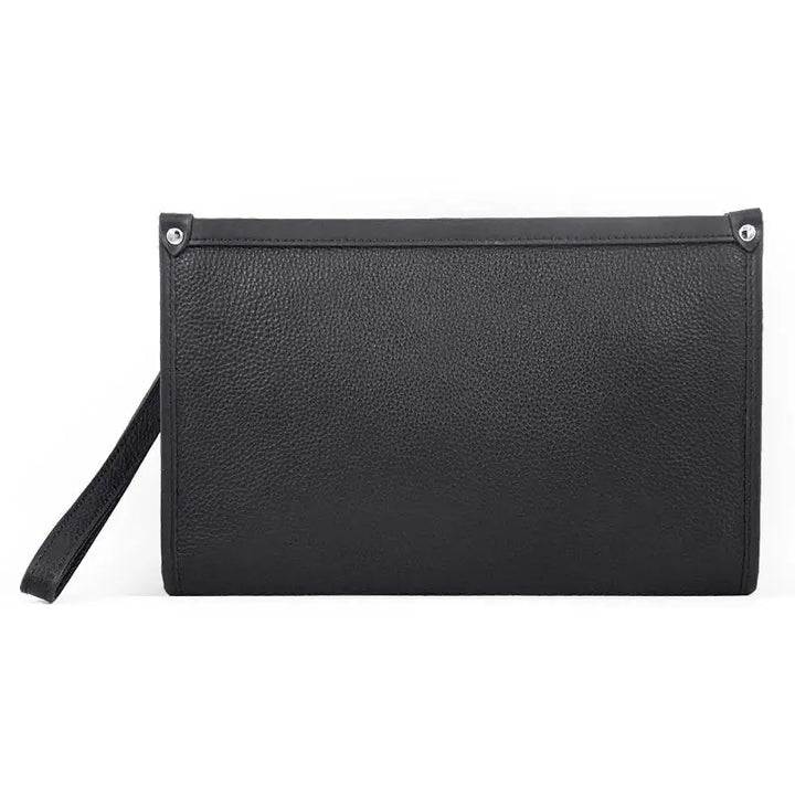 Black genuine leather men's business clutch with secure fingerprint lock.