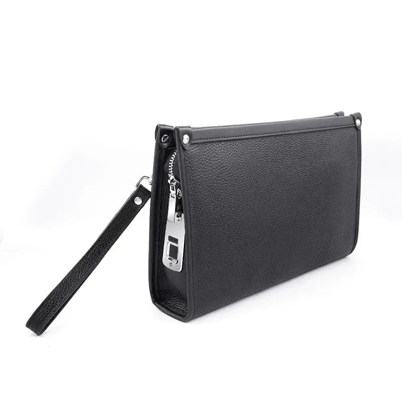 Secure men's black leather business clutch with advanced fingerprint lock for ultimate protection.