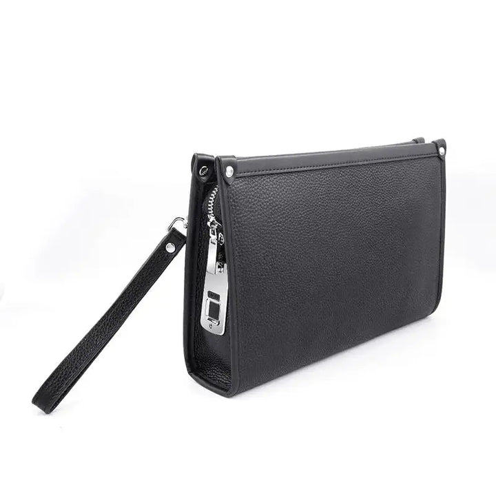 Secure men's black leather business clutch with advanced fingerprint lock for ultimate protection.