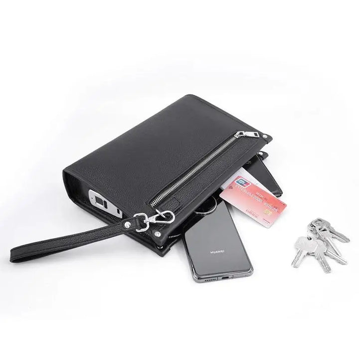 Premium black genuine leather men's business clutch with innovative fingerprint lock.