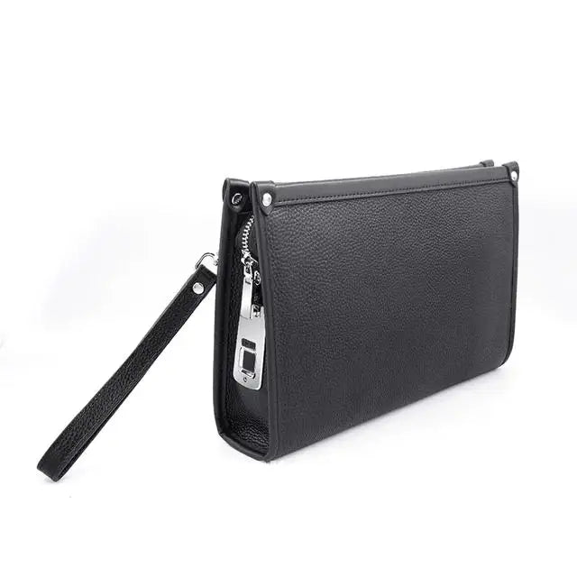 Close-up of innovative fingerprint lock on a sleek black genuine leather men's business clutch.
