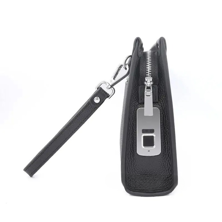 Versatile men's black genuine leather business clutch with secure fingerprint lock for everyday carry.