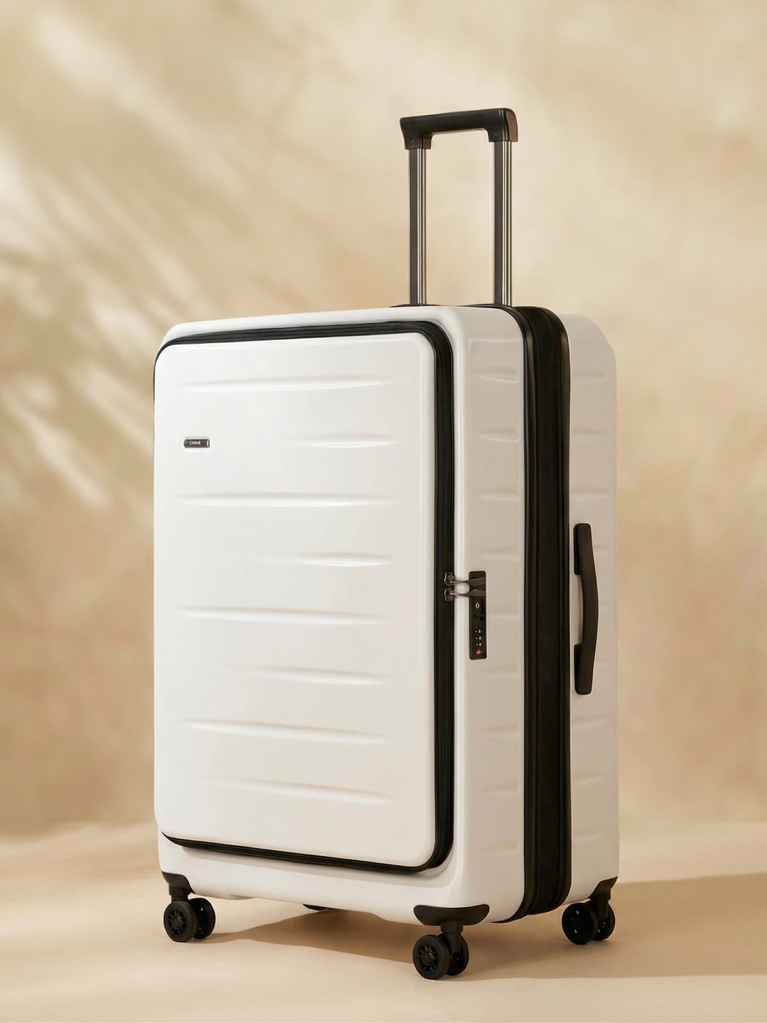 Black hardshell expandable carry-on with front pocket & TSA lock. Perfect travel suitcase.