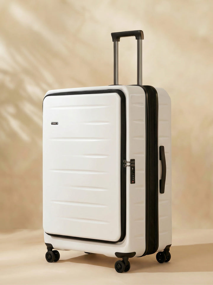 Black hardshell expandable carry-on with front pocket & TSA lock. Perfect travel suitcase.