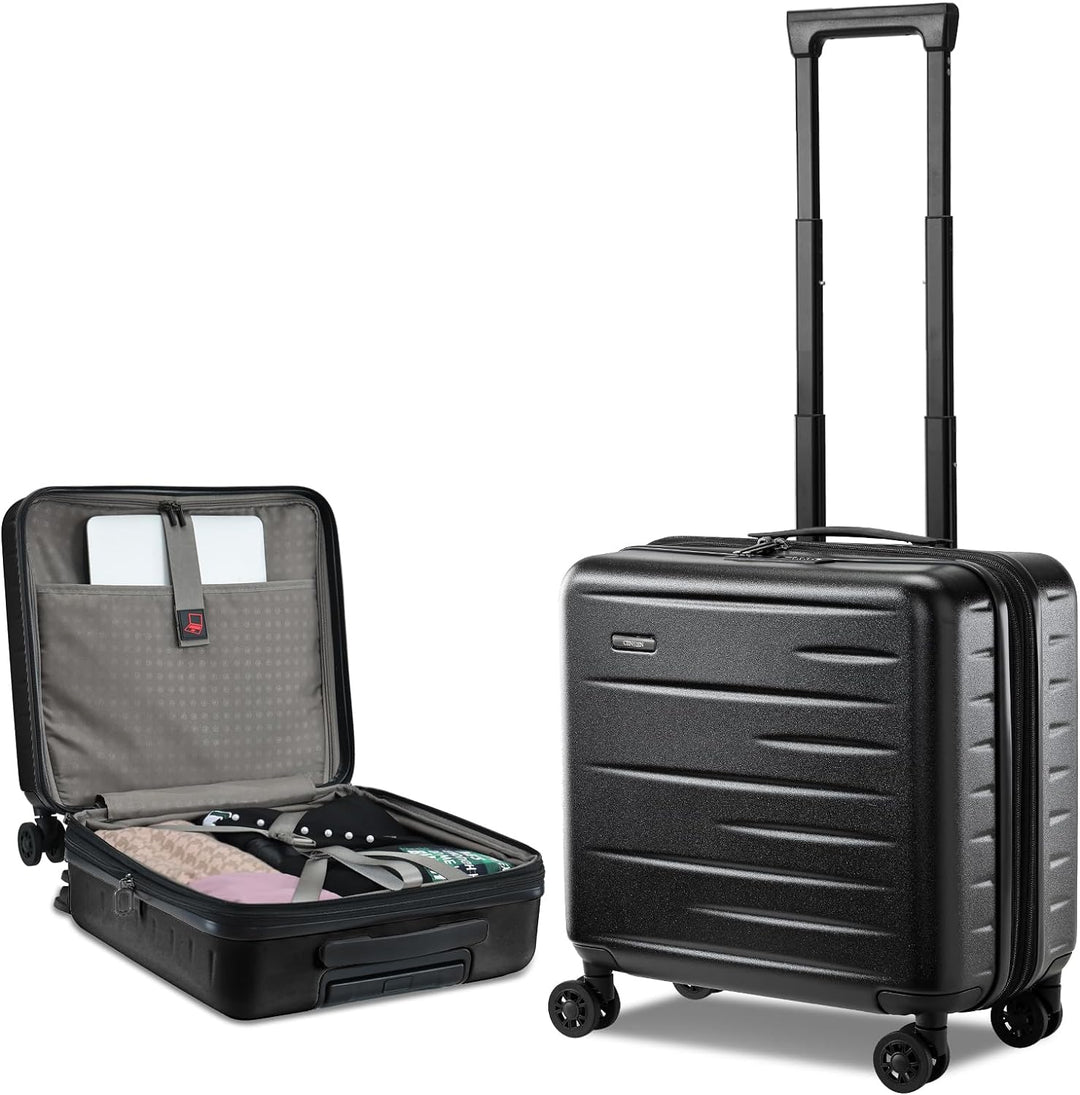 Efficient expandable hardshell carry-on luggage, front pocket access, and strong TSA security lock.