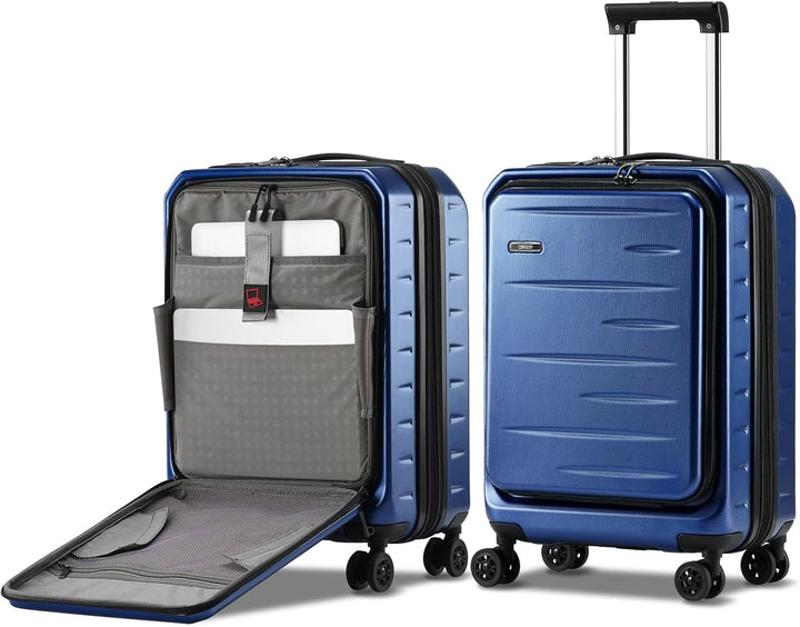 Robust expandable hardshell carry-on suitcase for travelers, front pocket, TSA lock, spinner wheels.