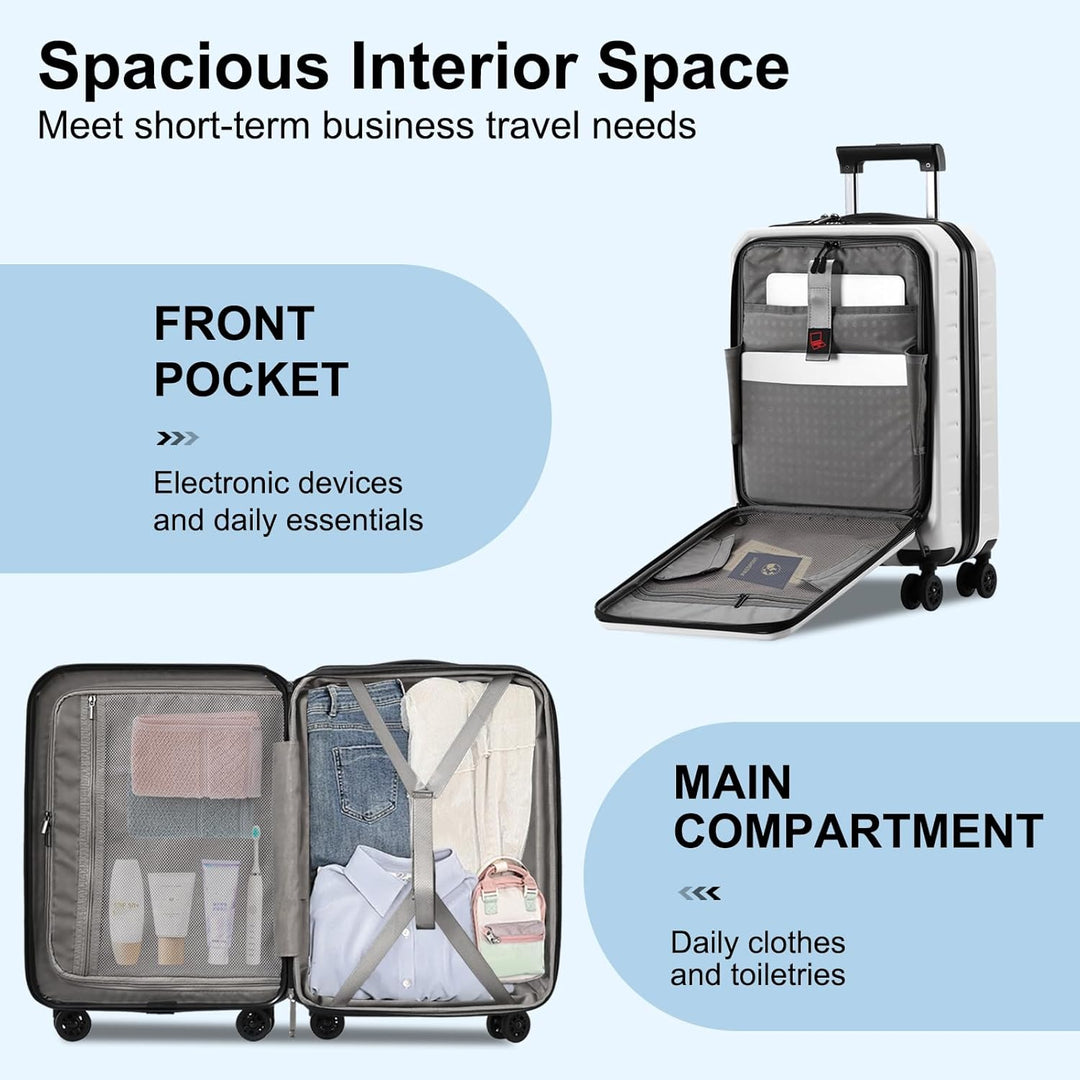 Tan hardshell carry-on, expandable, with a front quick-access pocket and a secure TSA compliant lock.