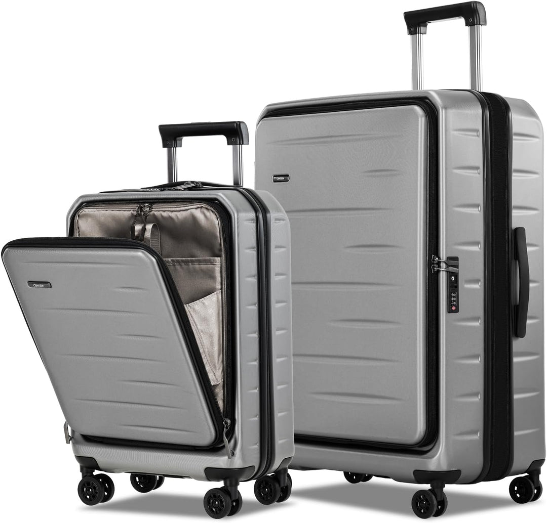 Blue hardshell carry-on luggage, expandable, features front pocket, spinner wheels, and a TSA lock.