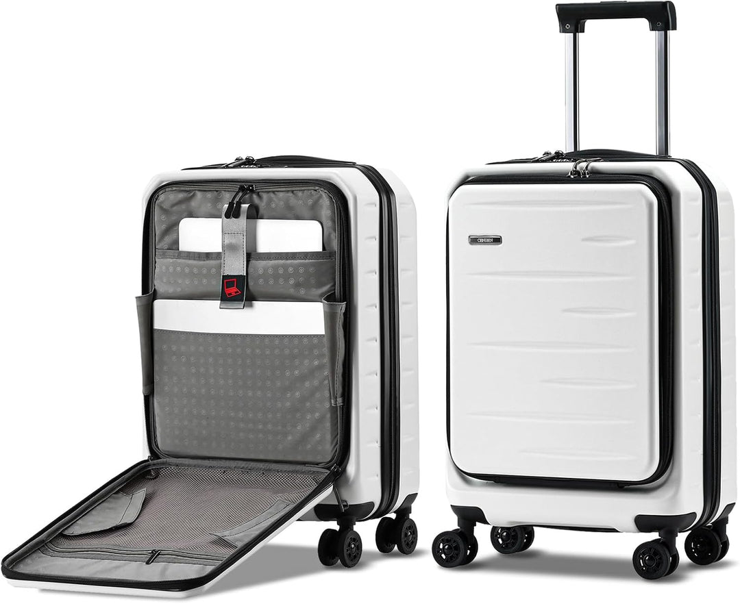 Expandable hardshell carry-on suitcase, red, with a practical front pocket & integrated TSA security.