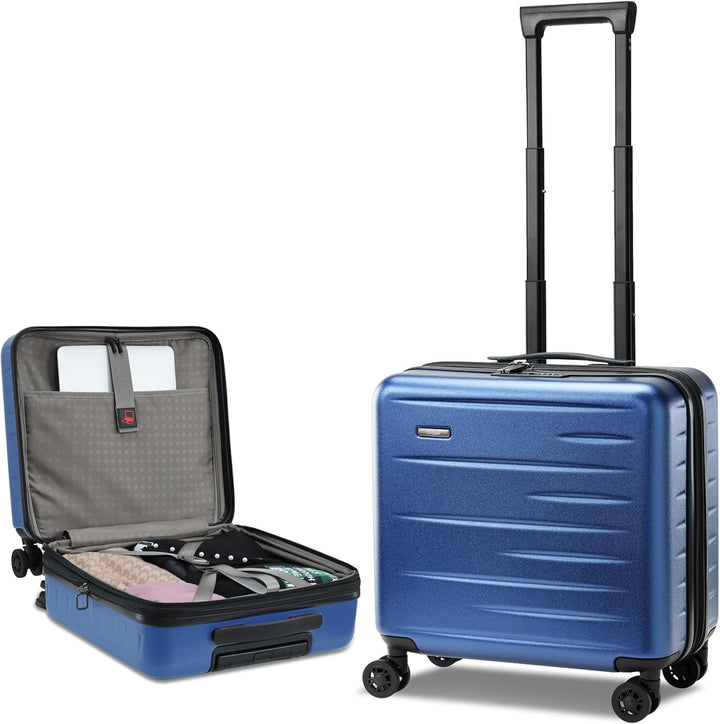 Expandable travel luggage: hardshell carry-on with front pocket, spinner wheels & TSA lock for safety.