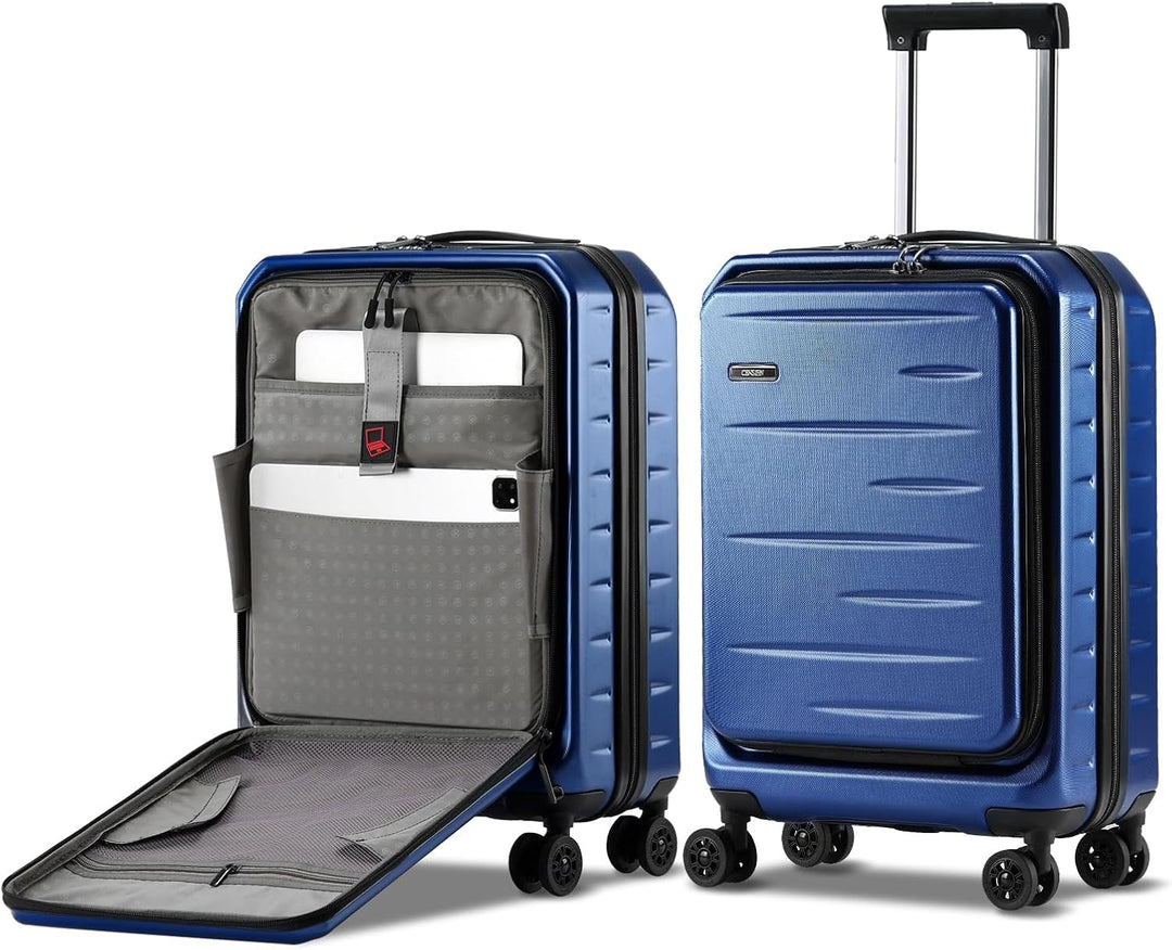 Modern hardshell expandable carry-on, black, with front pocket for documents & a reliable TSA lock.