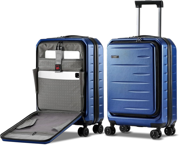 Modern hardshell expandable carry-on, black, with front pocket for documents & a reliable TSA lock.