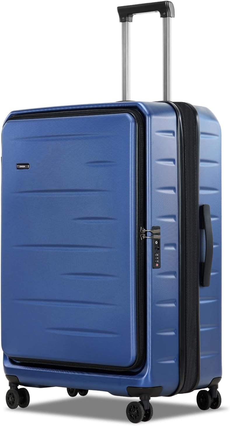 Grey hardshell carry-on, expandable, with a convenient front laptop pocket & built-in TSA security lock.