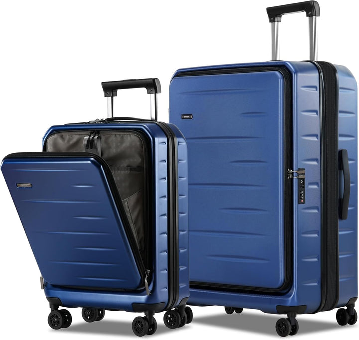 Durable hardshell carry-on, expandable, perfect travel gear with front pocket and integrated TSA lock.