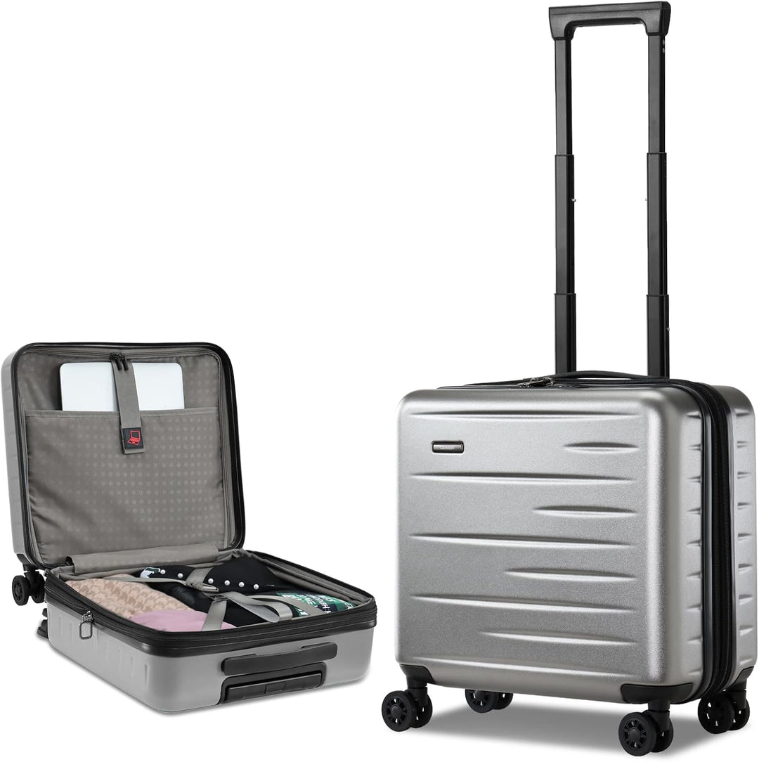 Stylish hardshell carry-on luggage, black, expandable, with a quick-access front pocket & TSA lock.