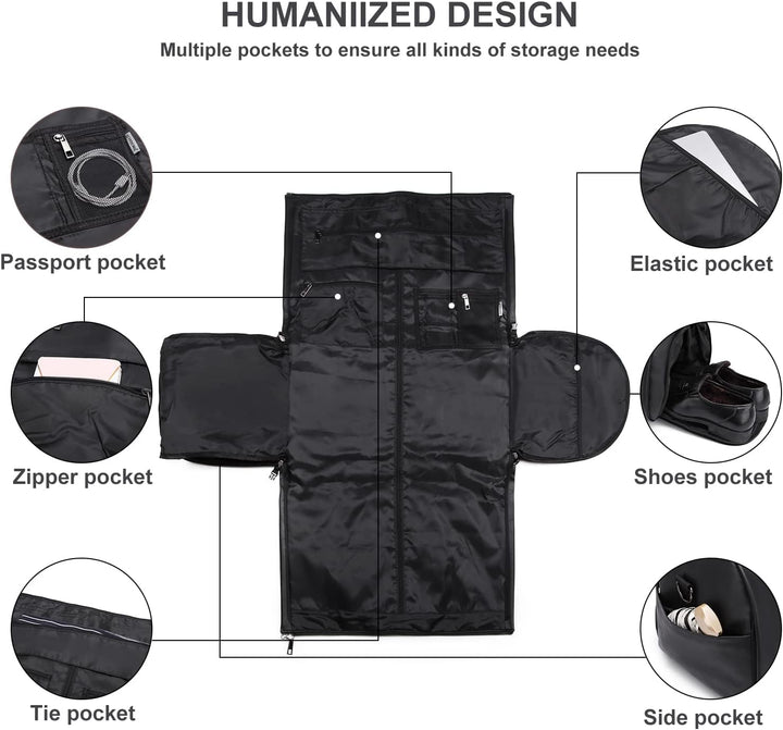 Versatile black garment duffel bag for gym, business, or weekend travel. A smart, organized carry-on.