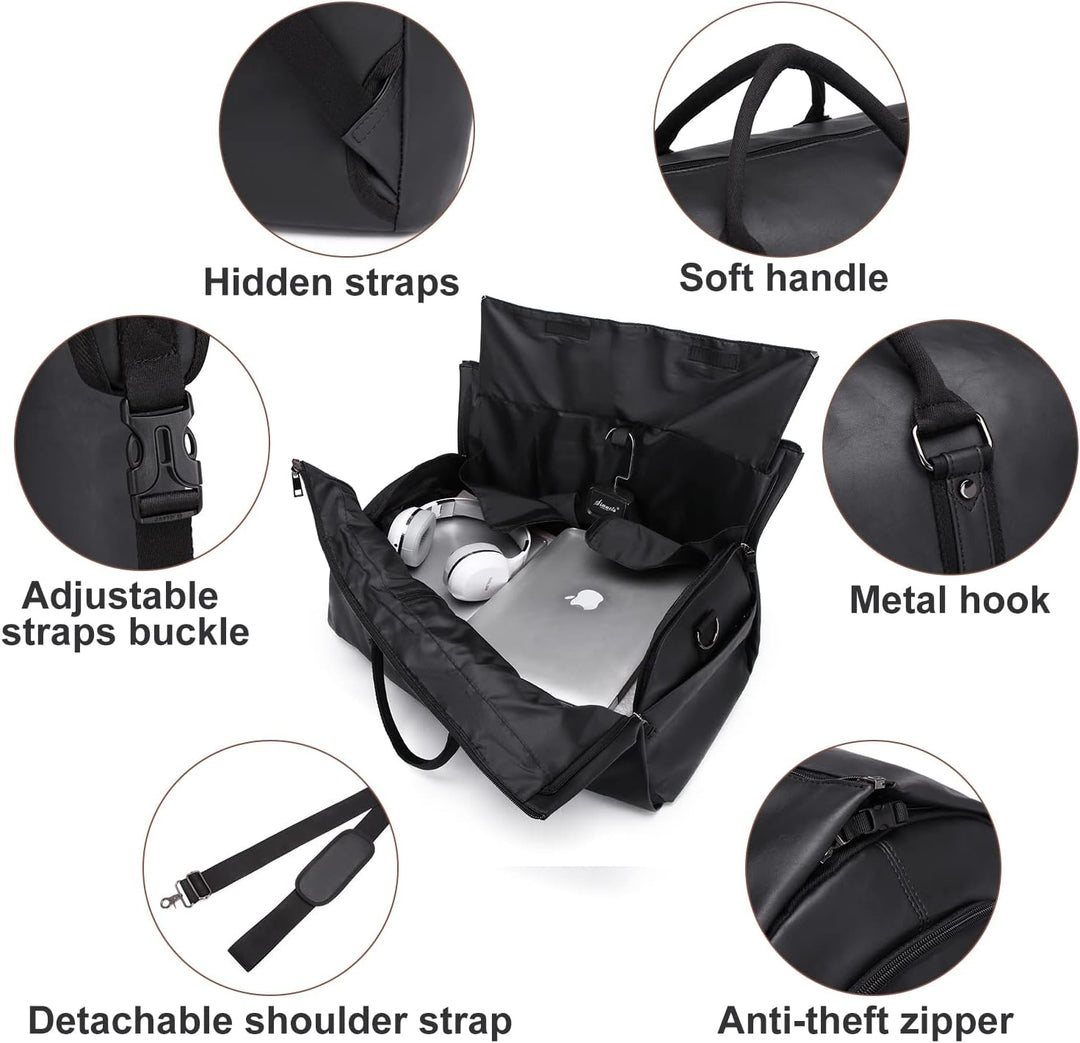 Transforming black travel duffel bag into a full-length suit garment carrier. Smart organized travel.