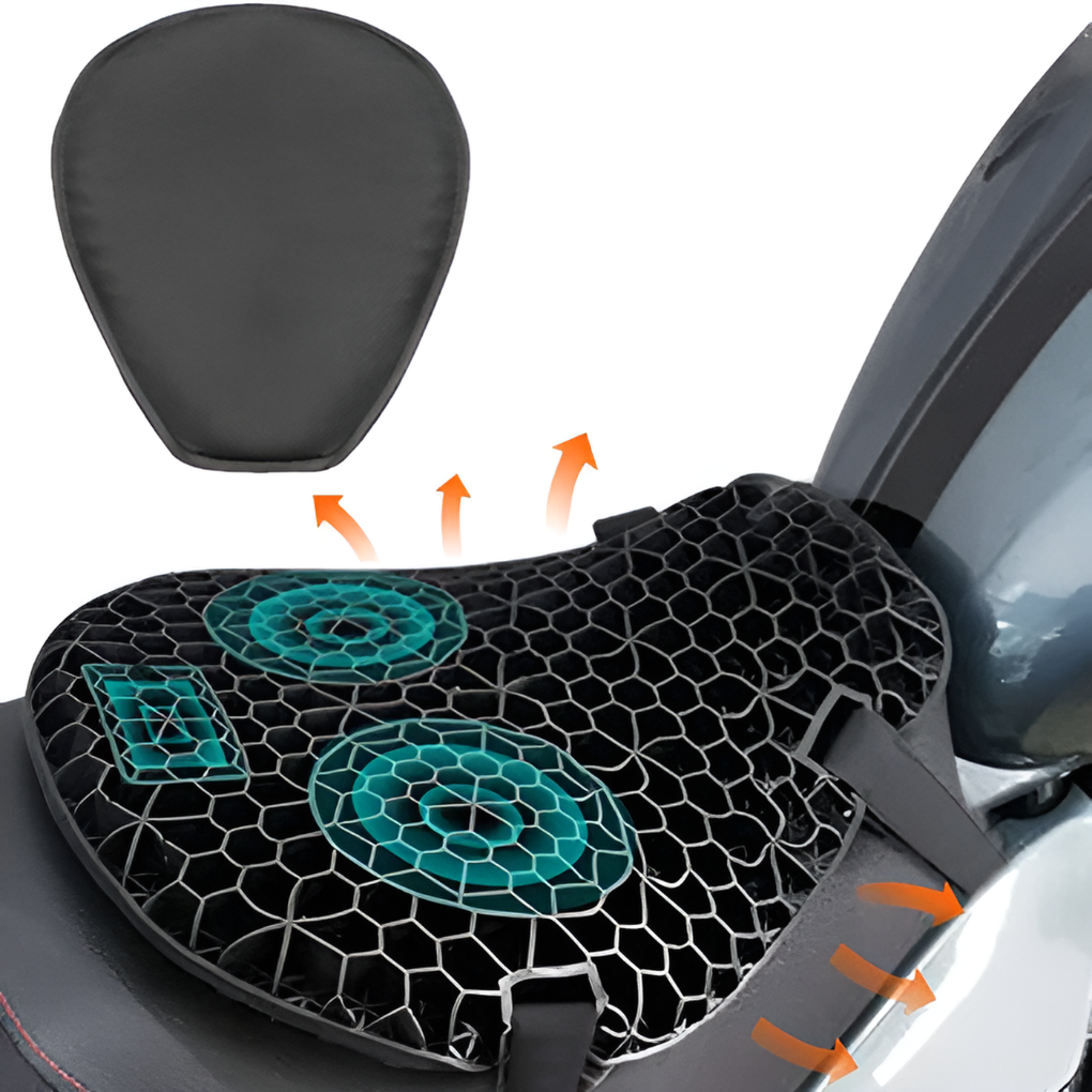Motorcycle accessory: ergonomic black gel seat cushion for long rides, reduces vibration & boosts comfort.