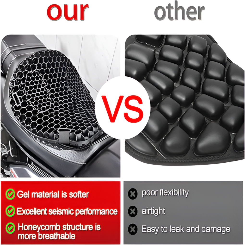 Premium black gel seat pad for motorcycles, ensures comfort, breathability & anti-slip stability on long journeys.