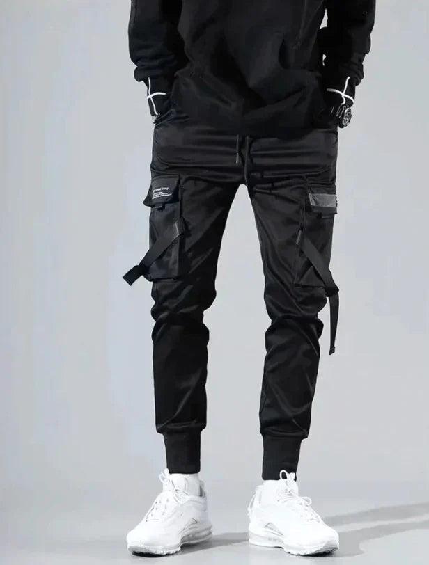 Men's multi-pocket cargo pants, black, designed for hip-hop urban fashion & comfortable wear.