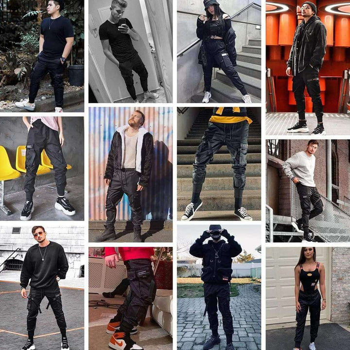 Urban style men's black multi-pocket cargo pants. Hip-hop inspired, comfortable & versatile for streetwear.