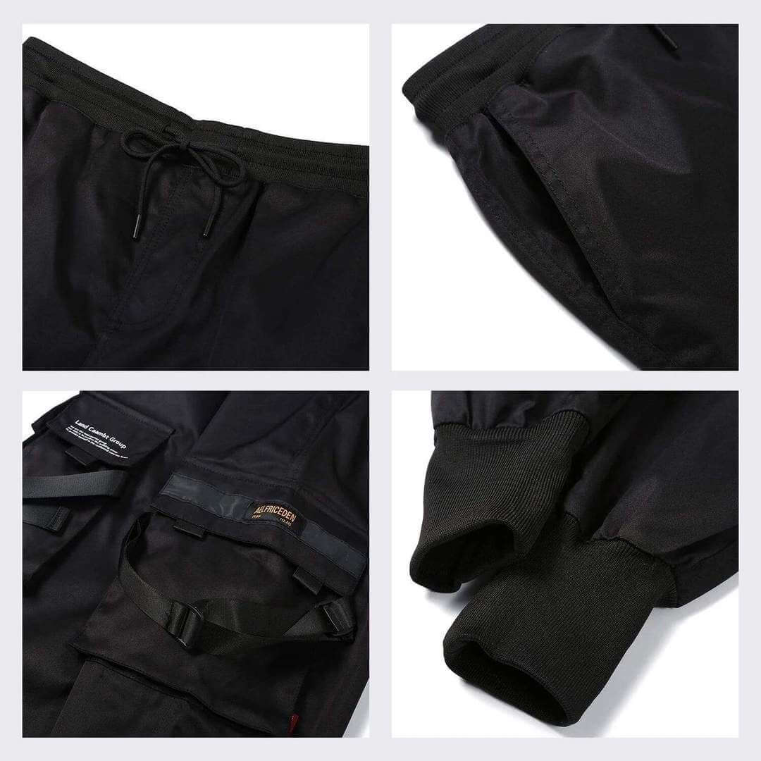 Black multi-pocket men's cargo pants, blending hip-hop style with urban streetwear and comfort.
