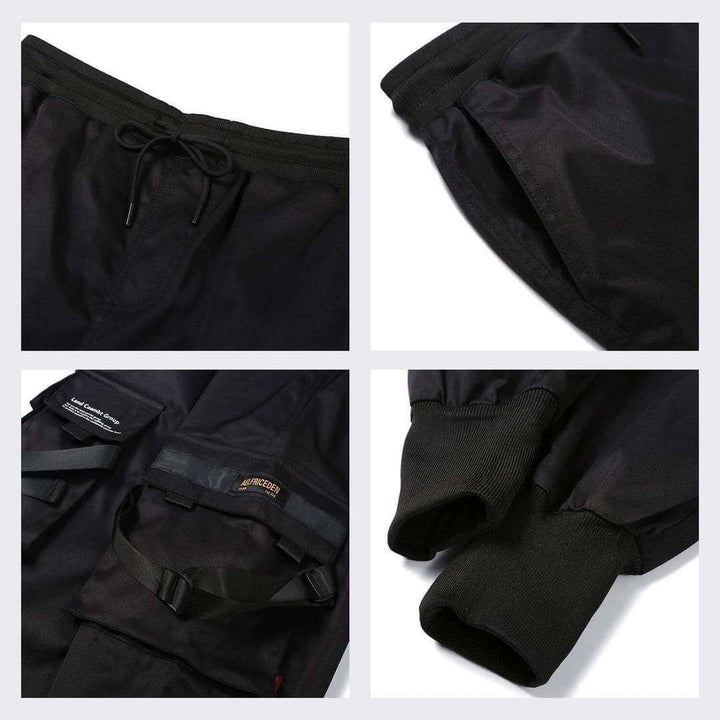 Black multi-pocket men's cargo pants, blending hip-hop style with urban streetwear and comfort.