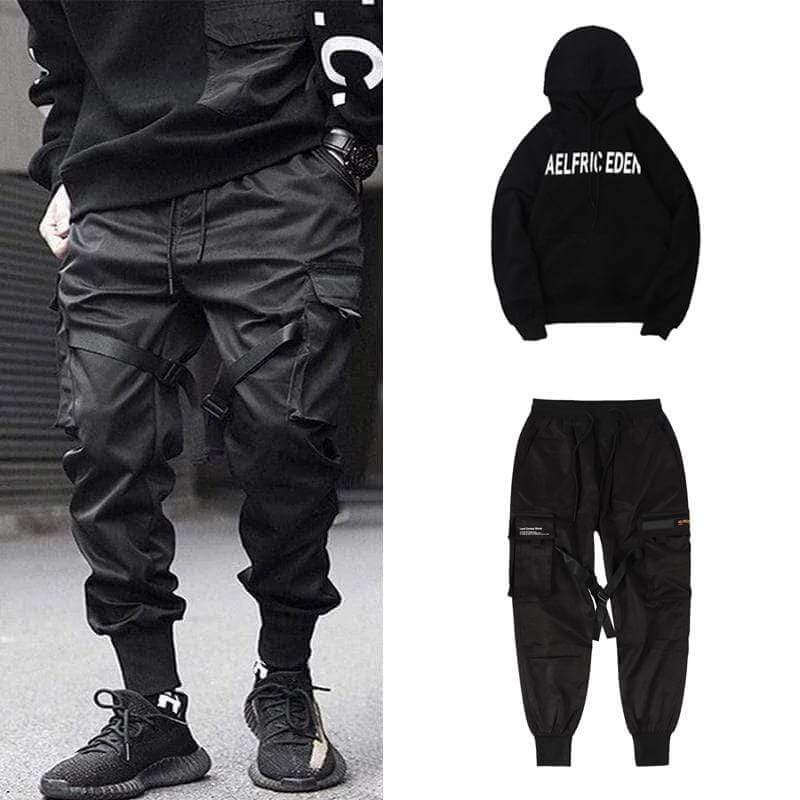 Dante men's casual black cargo pants with multiple pockets, a hip-hop & streetwear essential.