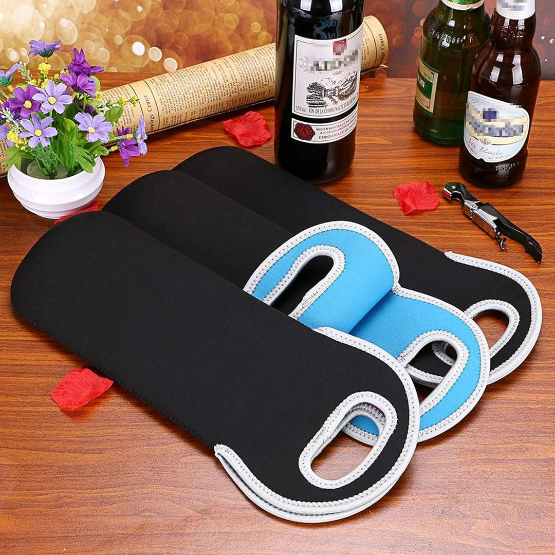 Insulated neoprene wine carrier, ideal for safely transporting two bottles.