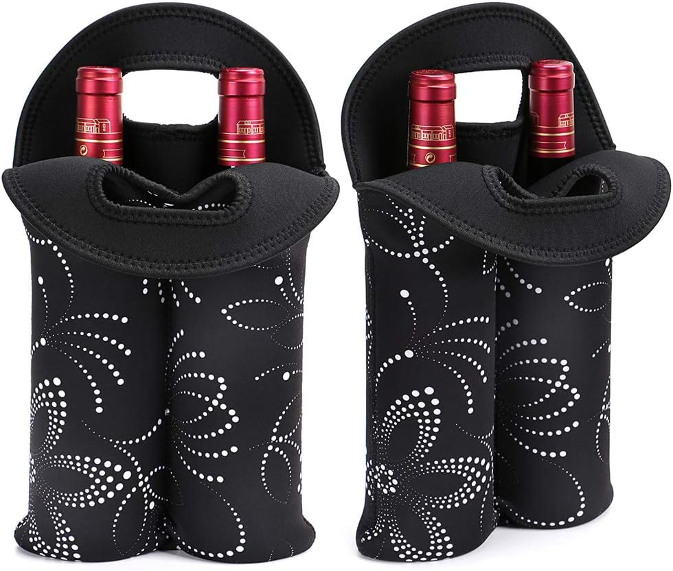 Picnic-ready insulated wine carrier, neoprene design, holds two bottles securely.