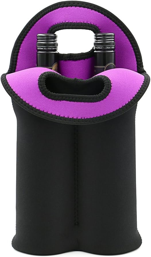 Padded insulated wine carrier bag, holds two bottles, ideal for travel & outdoor fun.