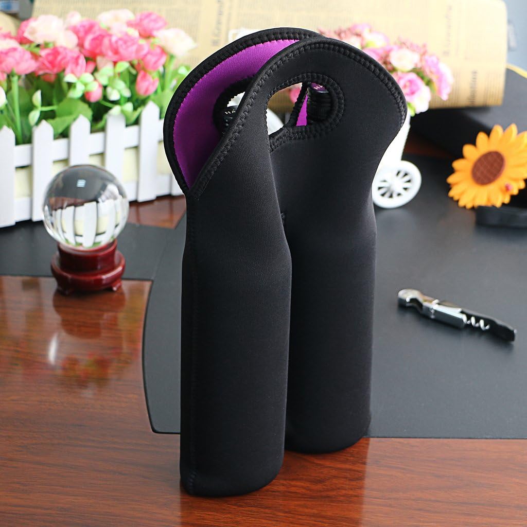 Neoprene wine carrier with handle, keeps two bottles chilled for travel.