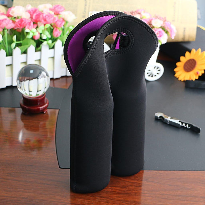 Neoprene wine carrier with handle, keeps two bottles chilled for travel.