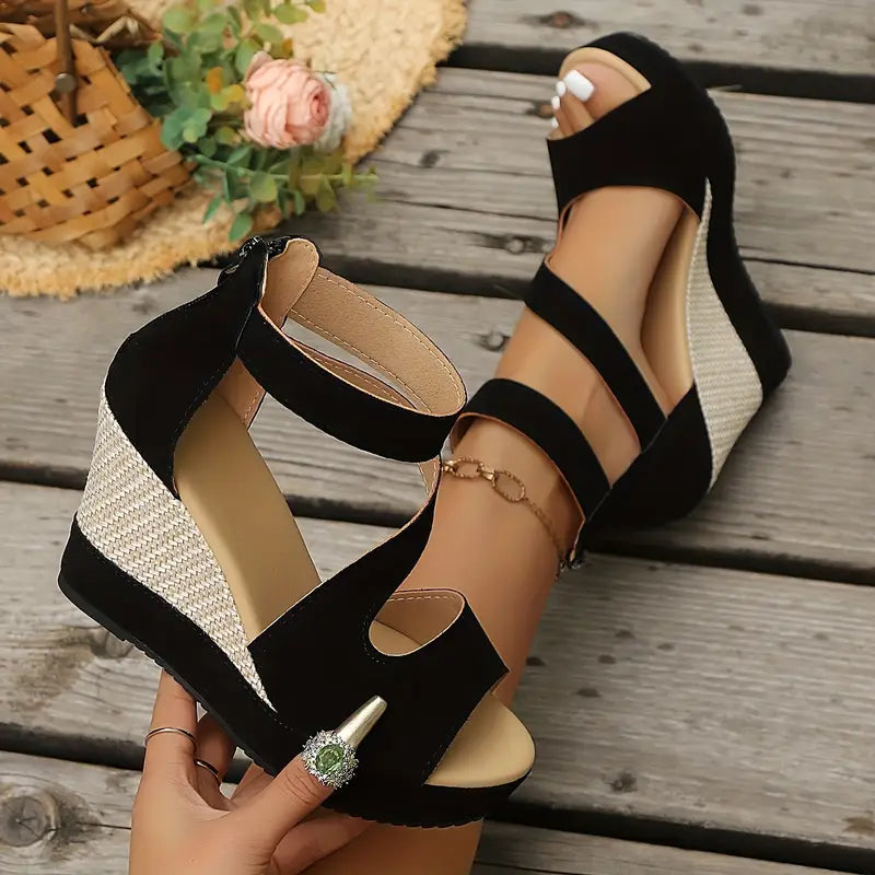 Elegant black women's platform wedge sandals with an ankle strap, perfect for summer chic style.